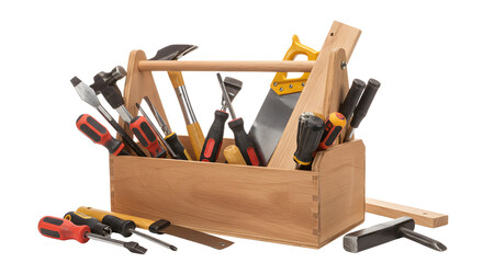 A wooden toolbox filled with various hand tools, including hammers and screwdrivers, set against a clean background