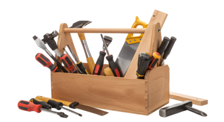 A wooden toolbox filled with various hand tools, including hammers and screwdrivers, set against a clean background