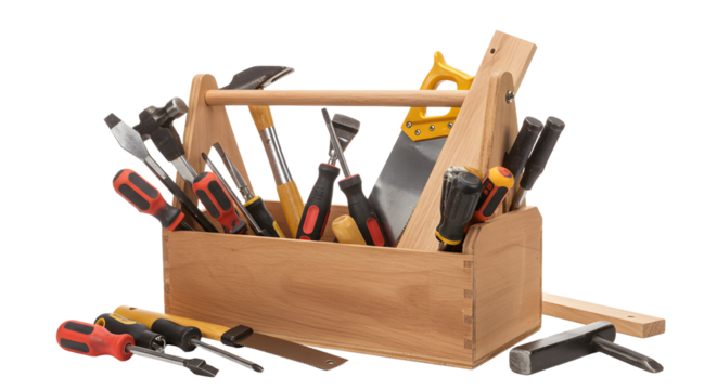 A wooden toolbox filled with various hand tools, including hammers and screwdrivers, set against a clean background