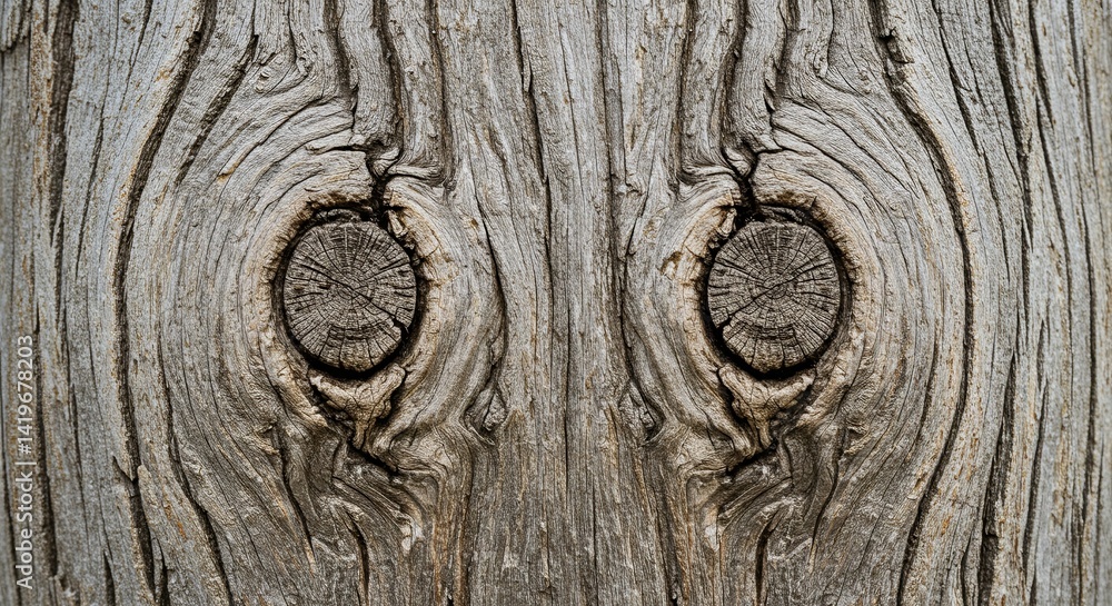 Poster The image is of a tree trunk with two holes in it, which resemble eyes