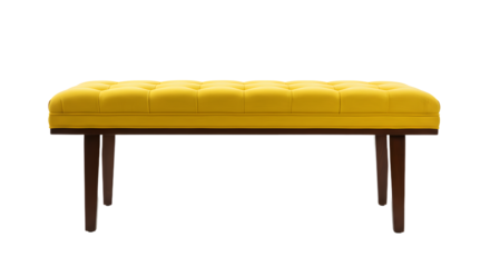 Bright yellow tufted bench with wooden legs, set against a minimalistic background, perfect for modern interior decor