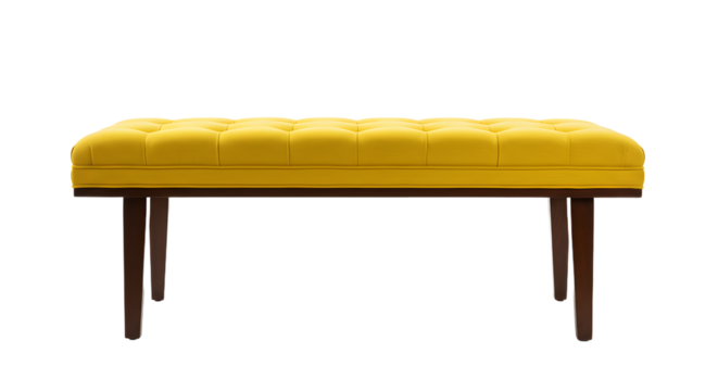 Bright yellow tufted bench with wooden legs, set against a minimalistic background, perfect for modern interior decor