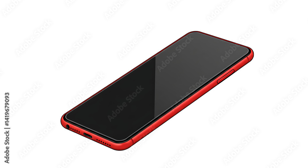 Poster angled view of a red smartphone with a black screen on a black background in a studio setting