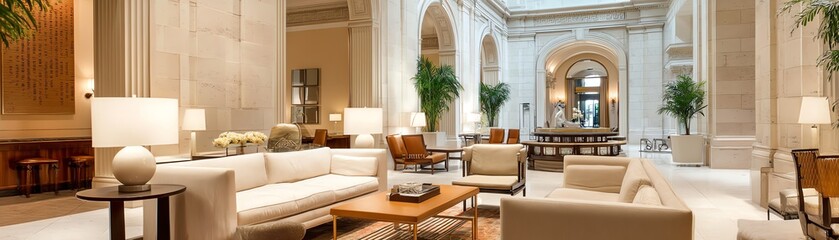 Elegant hotel lobby with modern furniture.