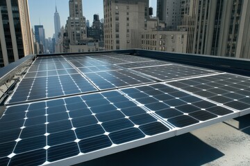 Solar panels installed on a rooftop with a view of skyscrapers and the Empire State Building