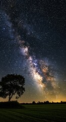 Vast Space Milky Way Galaxy Stars Nebulae Foreground Tree Branches Sky Dark Green Grass Ground Night Sky Cosmic View Serene Astronomical Scene Natural Landscape Stargazing Ambience