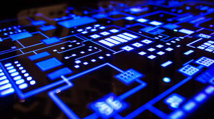 Close-up of a Futuristic High-Tech Touch Sensor Panel with Glowing Blue Interface, Cybernetic Control Display, Advanced Digital Touchscreen, Neon Illumination, and Sci-Fi Technology Concept