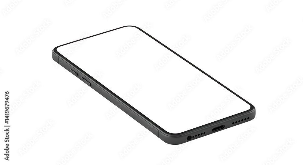 Poster angled view of a modern smartphone with a blank white screen on a black background for mockup use