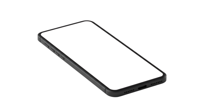 A black smartphone with a blank white screen resting diagonally on a black surface in a studio shot