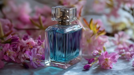 Elegant perfume bottle amidst blooming flowers.