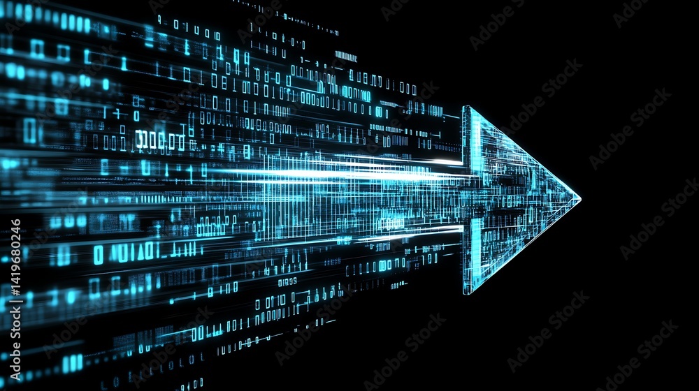 Poster futuristic digital arrow composed of glowing binary code, symbolizing data transfer and technology