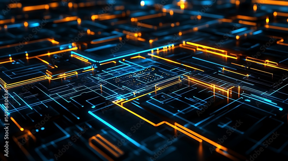 Poster futuristic digital circuit board with glowing lines and patterns, showcasing technology in action