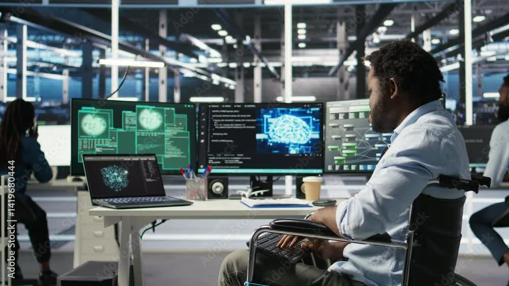 Poster data center engineer in wheelchair using ai requesting help from coworkers during security breach. s