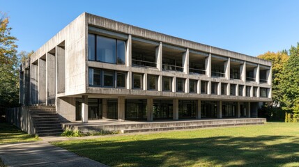 Fototapeta premium Raw concrete brutalist building with strong shadows.