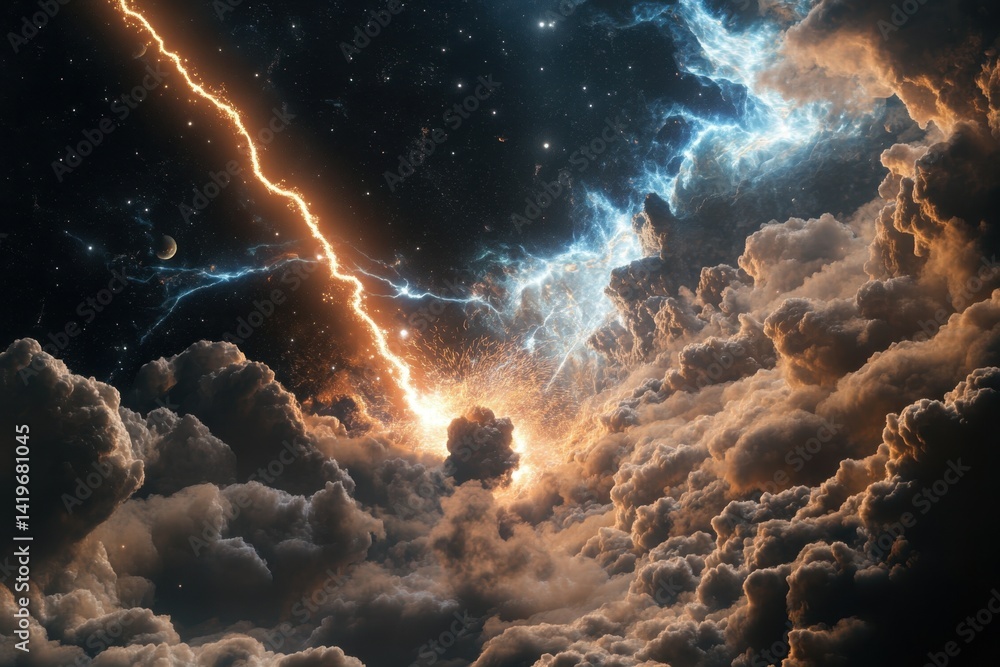 Aufkleber stormy sky with lightning and vibrant clouds at night creating a dynamic celestial display