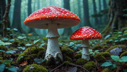 Fototapeta premium A small and big Amanita Muscaria/Fly Agaric in a forest