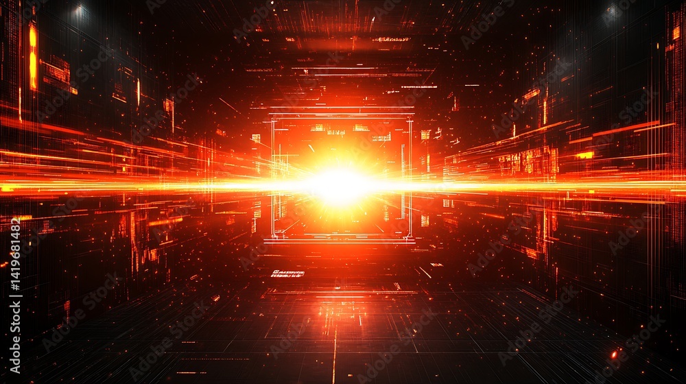 Poster futuristic digital tunnel with glowing light at the center, surrounded by abstract technology patter