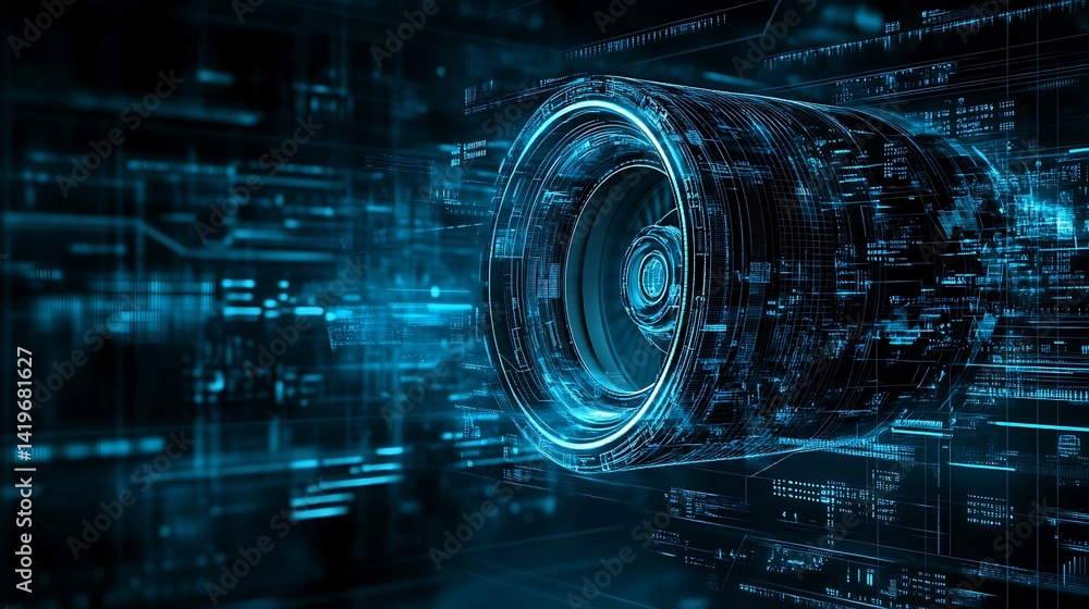 Poster futuristic digital wheel design with glowing data streams and technology elements in a cybernetic en
