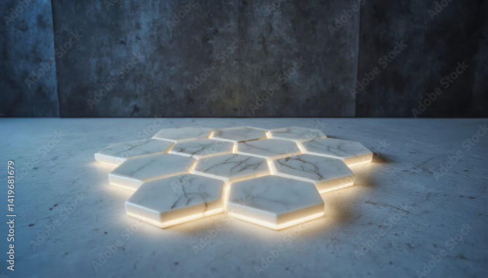 Poster modern interior design architecture photography: glowing, hexagonal tiles with a marble pattern illu