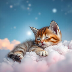 Cute striped ginger kitten fell asleep on a soft feather bed, like on a cloud.