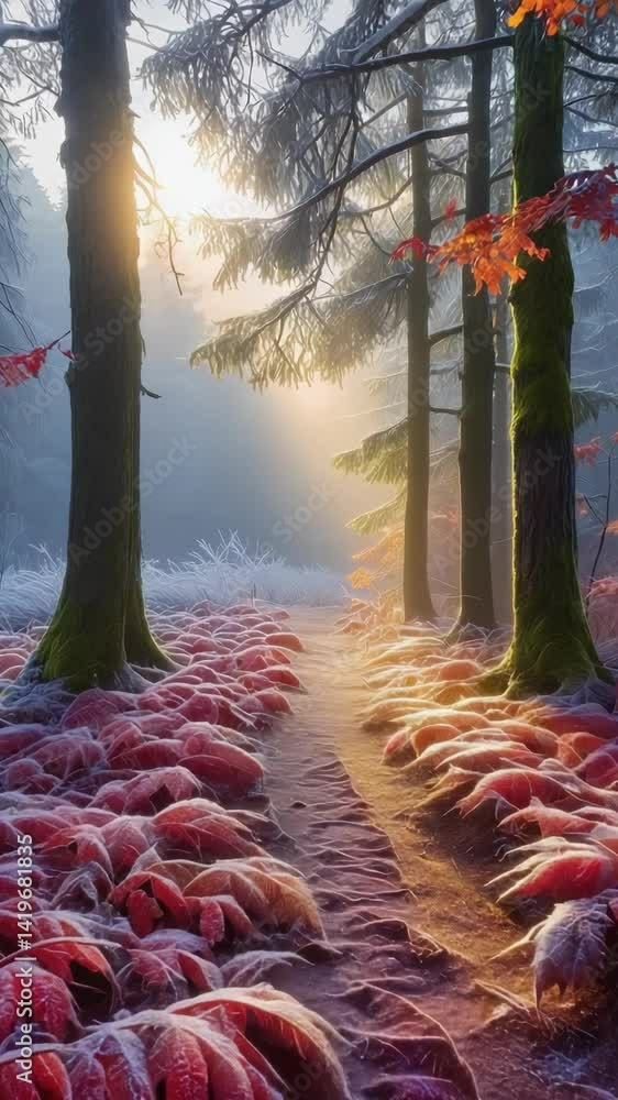 Poster frosty autumn forest path with red leaves and sunlight streaming through trees, creating an ethereal