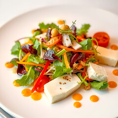 Prepared dish of vegetables, microgreens and pieces of feta cheese on a white plate, close-up.