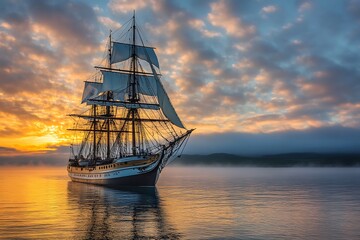 Sailing Ship Silhouetted Against Sunset Over Calm Water With Reflection