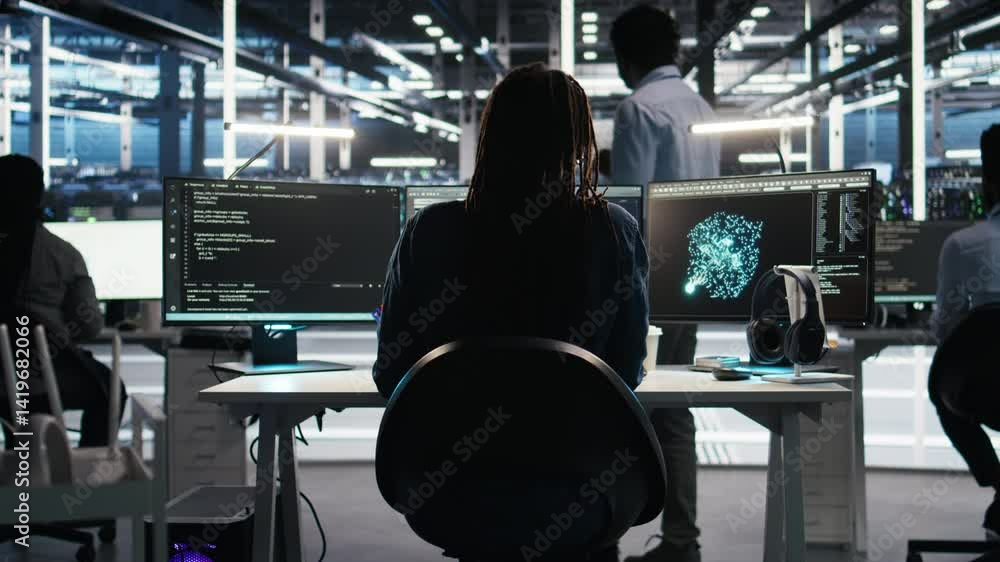 Poster stressed server hub admin worried by malfunctioning data analytics ai generator. anxious data center