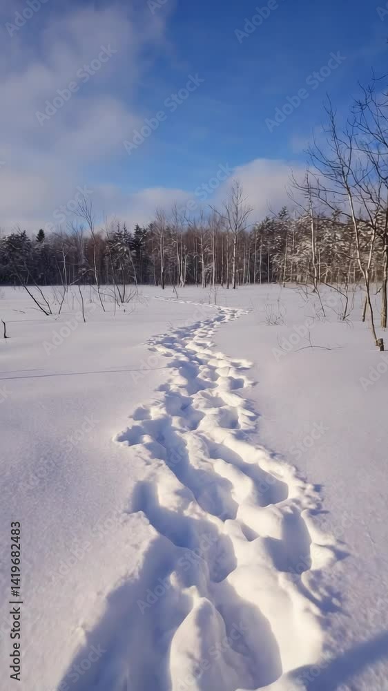 Aufkleber snowy field with footprints leading towards a line of bare trees under a partly cloudy blue sky on a
