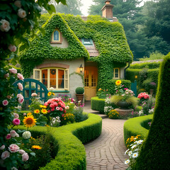 A small cottage overgrown with ivy, surrounded by a beautiful garden, a stone path and  trimmed bushes.