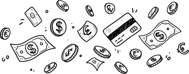 Money set doodle vector illustration. Falling and folded banknotes, credit card and coins. Hand drawn sketch style icons.