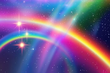Naklejka premium Colorful auroras and stars illuminate a cosmic landscape with vibrant rainbows