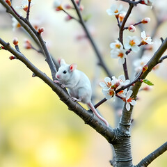 A white mouse sits on the branches of a young blossoming plum tree.