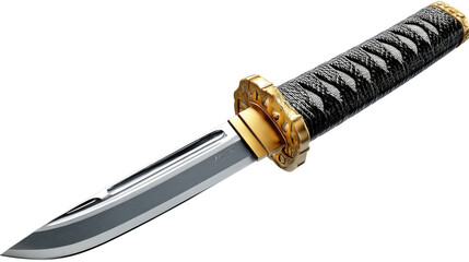 Naklejka premium Sharp Samurai Sword: A close-up of a sharp samurai sword with a sleek black hilt and a gleaming silver blade, an iconic weapon from a rich cultural heritage.
