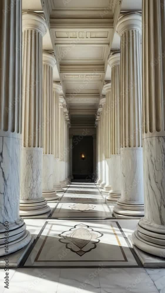 Poster long hallway with white marble columns and patterned floor tiles leading to a dimly lit end with a s
