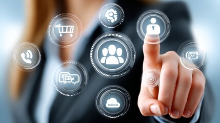 Woman interacting with futuristic digital interface and selecting an icon on a touchscreen