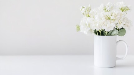 Naklejka premium A white ceramic mug filled with fresh white flowers sitting on a clean white table, minimalist composition with soft lighting, and serene home decor concept.