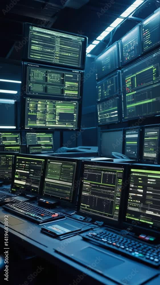 Aufkleber data center control room interior showing multiple monitors displaying complex green coded data and 