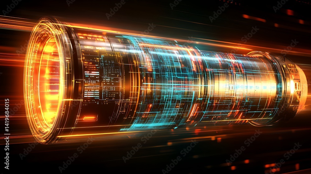 Poster futuristic glowing energy core with vibrant colors and digital patterns, set against a dynamic backg