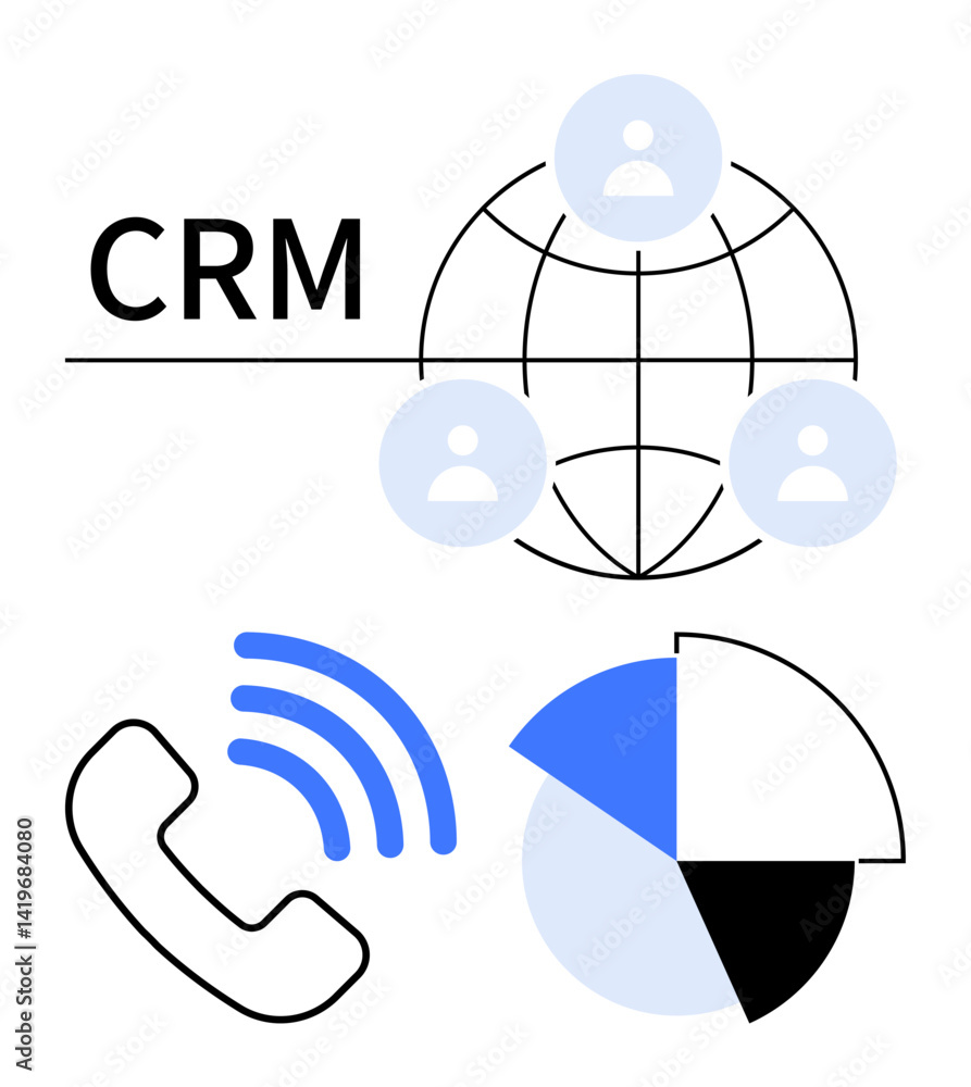 Poster crm system featuring interconnected users, phone communication, and a pie chart representing data in