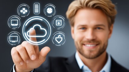 Businessman in suit engaging with futuristic virtual icon, a symbol of technological innovation and advancement in modern business