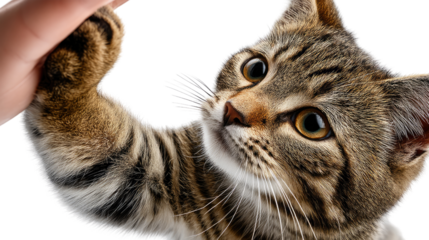 Curious Kitten's Paw: A tender moment is captured as a charming tabby kitten playfully reaches out its paw to interact with a gentle hand. It's a candid moment of affection.
