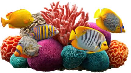 Underwater Paradise: A vibrant underwater scene of tropical fish gracefully navigating around the radiant coral reef, showcasing the diversity and beauty of marine life. 