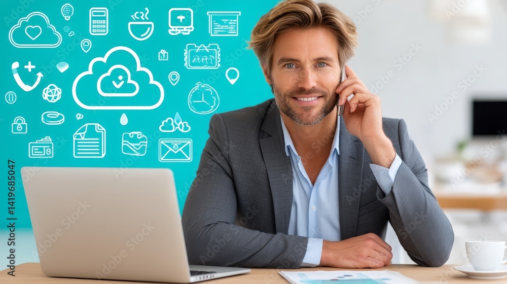 Poster man at desk with laptop and cloud computing icon, embracing the digital workspace for enhanced produ