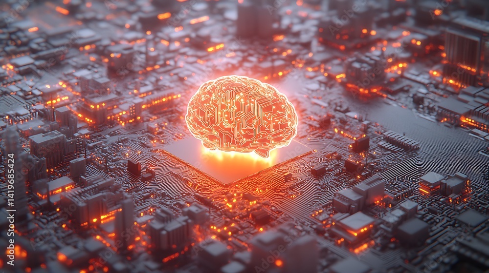 Poster futuristic representation of a glowing brain on a circuit board, symbolizing technology and intellig
