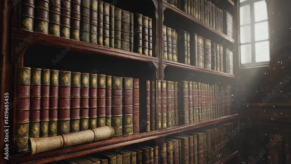 Poster bookshelves filled with old, leather-bound books, creating an antique library or study environment w
