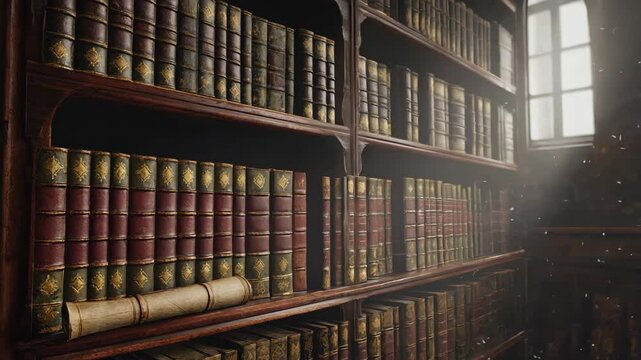 Bookshelves filled with old, leather-bound books, creating an antique library or study environment with scroll resting on shelf.