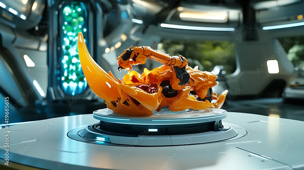 Poster futuristic robotic creature displayed on a sleek platform in a high-tech laboratory setting
