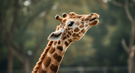 Obraz premium Giraffe head tilted upward, mouth open, against blurred foliage.
