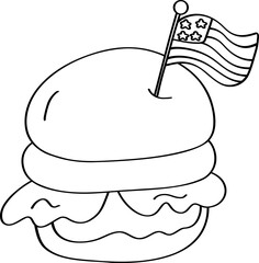 Burger with Small US Flag on Top Doodle Outline